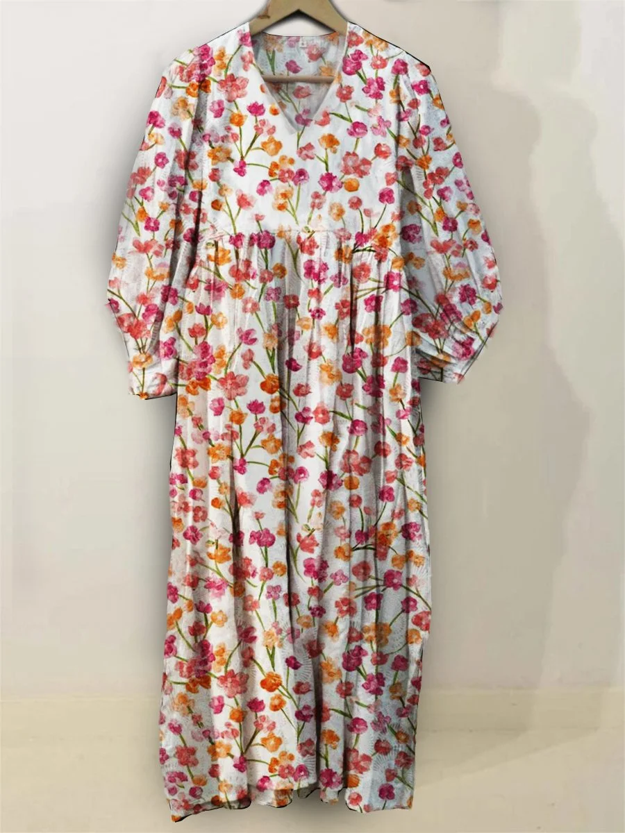 Flowers Print Pocket V-neck Cotton Dress