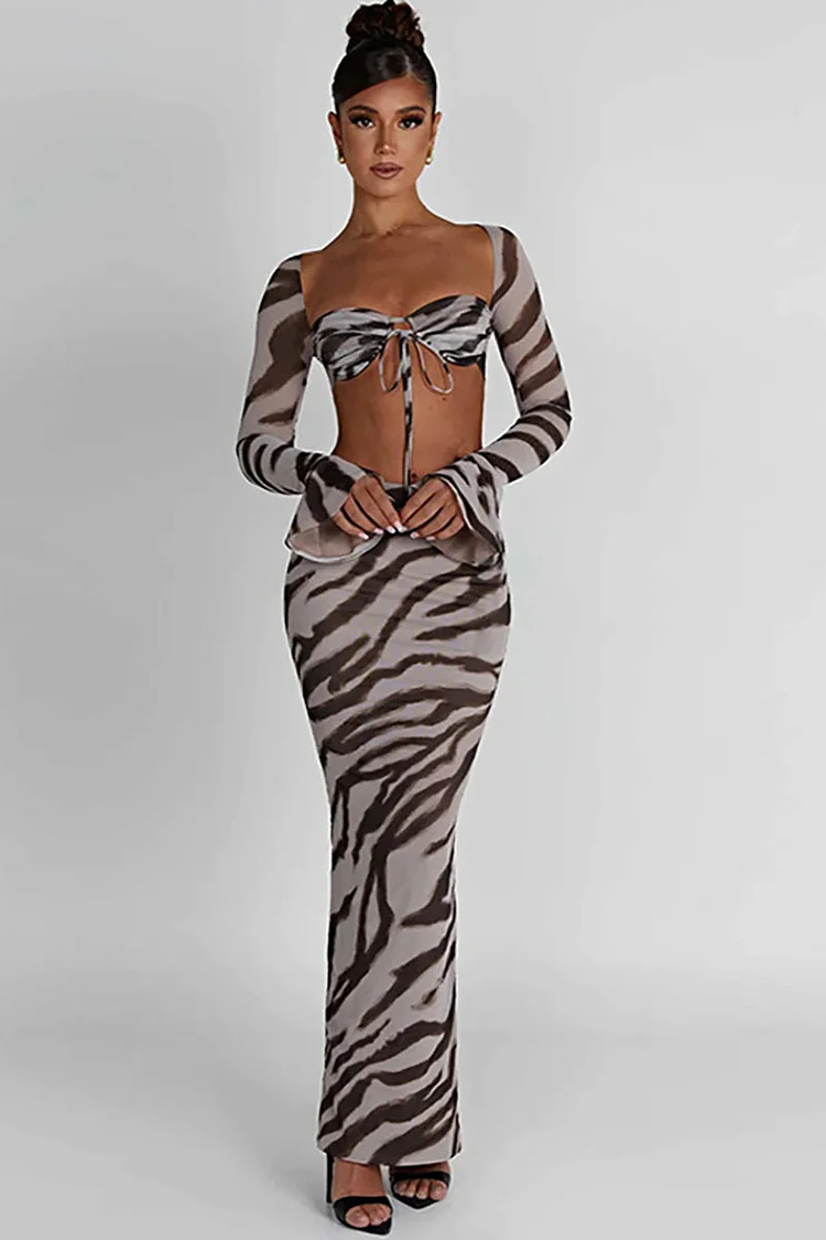 Zebra Print Long Sleeve Tie Up Crop Top Bodycon Maxi Skirt Matching Set