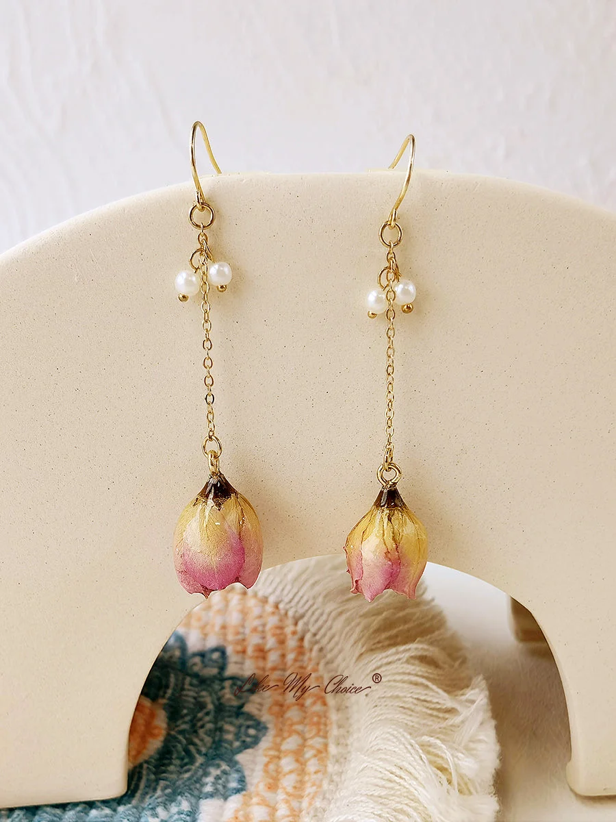 LikeMyChoice® Pressed Flower Earrings - Pearl Rose Bud