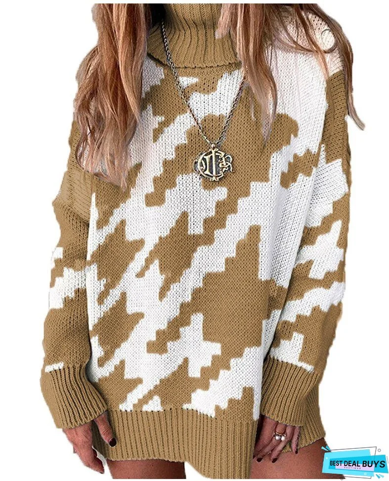 Thanksgiving Gift Autumn And Winter New Knitting Color Contrast Turtleneck Loose Women's Long Sleeve Sweater Casual All-Match Ladies Sweaters