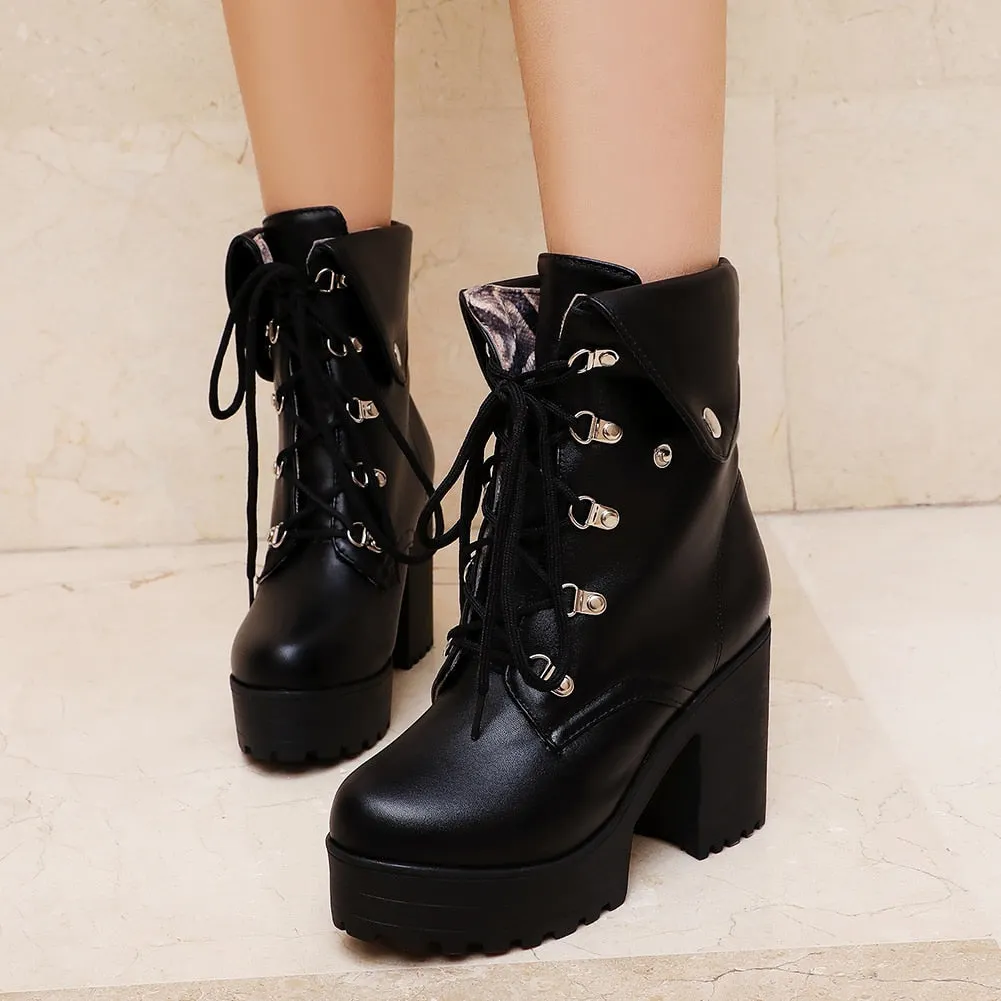 Big Size 34-43 New Fashion shoes lace Lady High Chunky Heels Boots Women Elegant Black Ankle Boots Party Ol Shoes Women