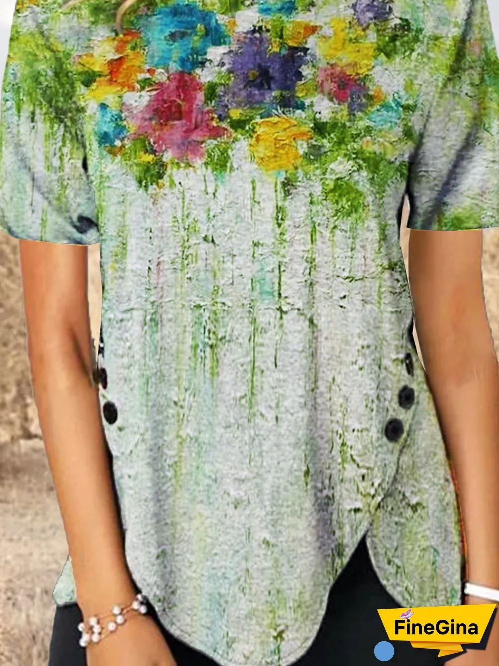 Floral Cotton-Blend Casual Short Sleeve Floral-Print T-shirt