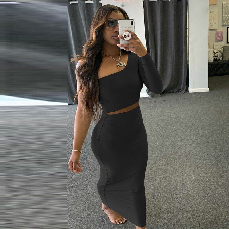 Dulzura Women Two Piece Set Crop Top Long Sleeve One Shoulder Elegant Midi Skirt Bodycon Sexy Streetwear Autumn Winter Matching