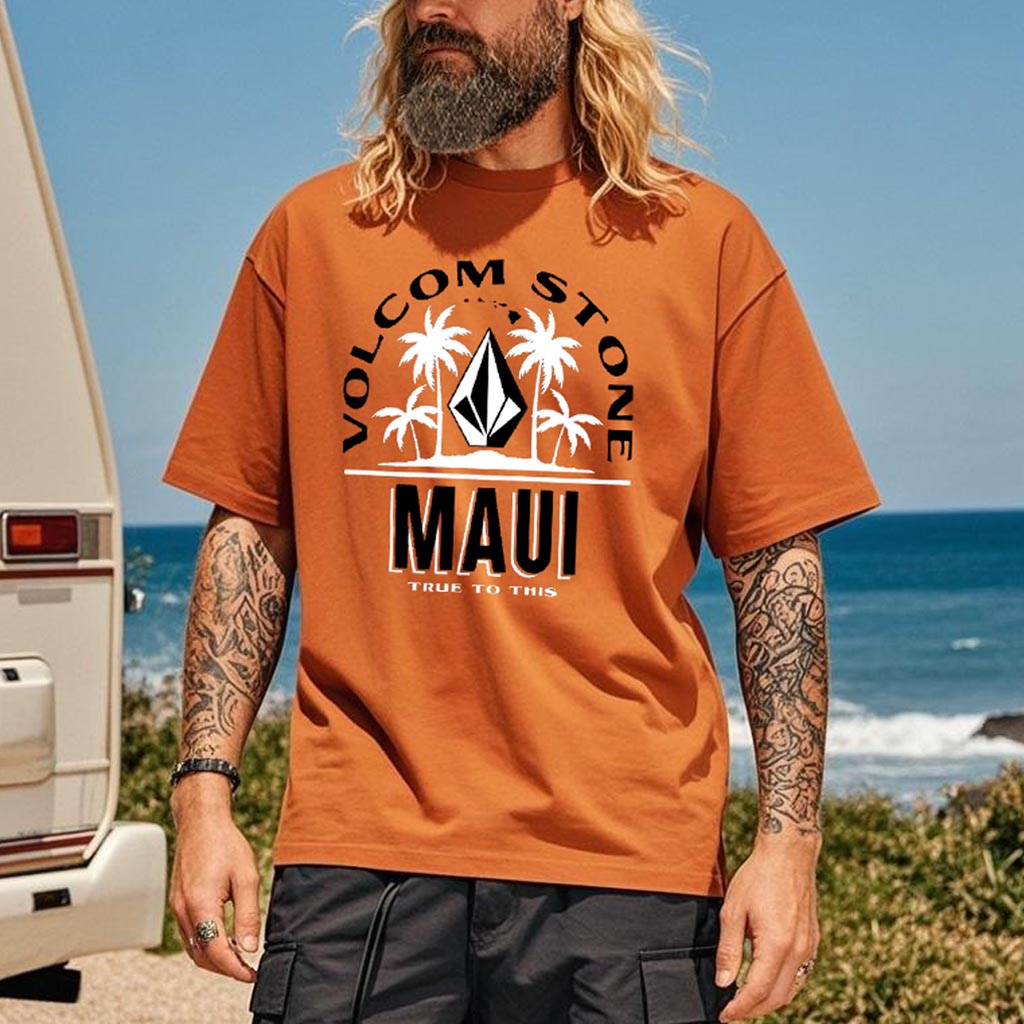 Men's Vintage Surf Print Orange Beach Crew Neck Short Sleeve T-Shirt