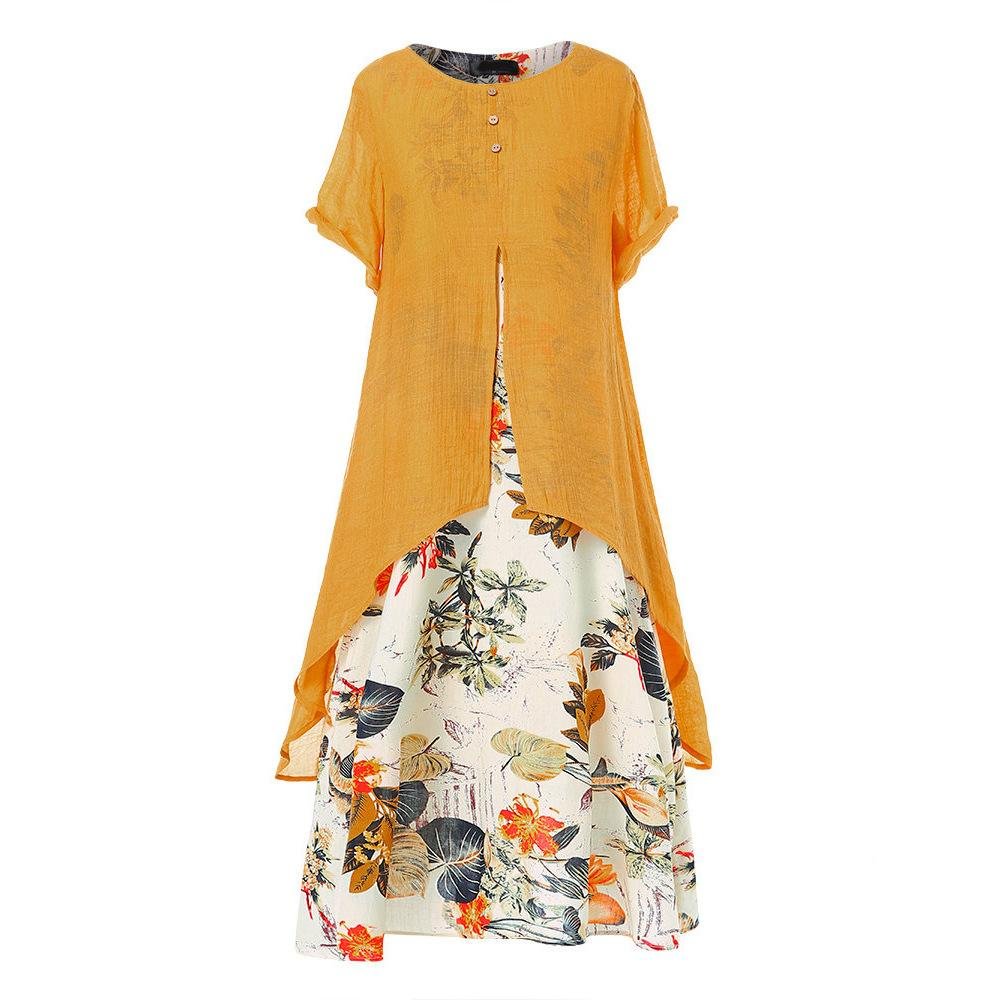 Autumn Cotton-Linen Print Round Neck Fake Two-Piece Dress
