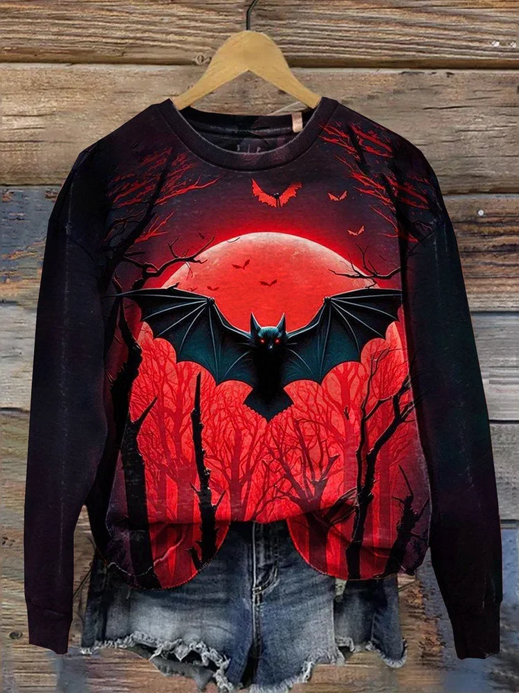 Women's Halloween Bat Print Casual Long Sleeve Sweatshirt