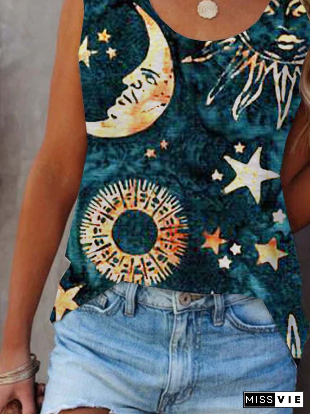 Graphic Sleeveless Printed Cotton-blend Crew Neck Vintage Summer Blue Top
