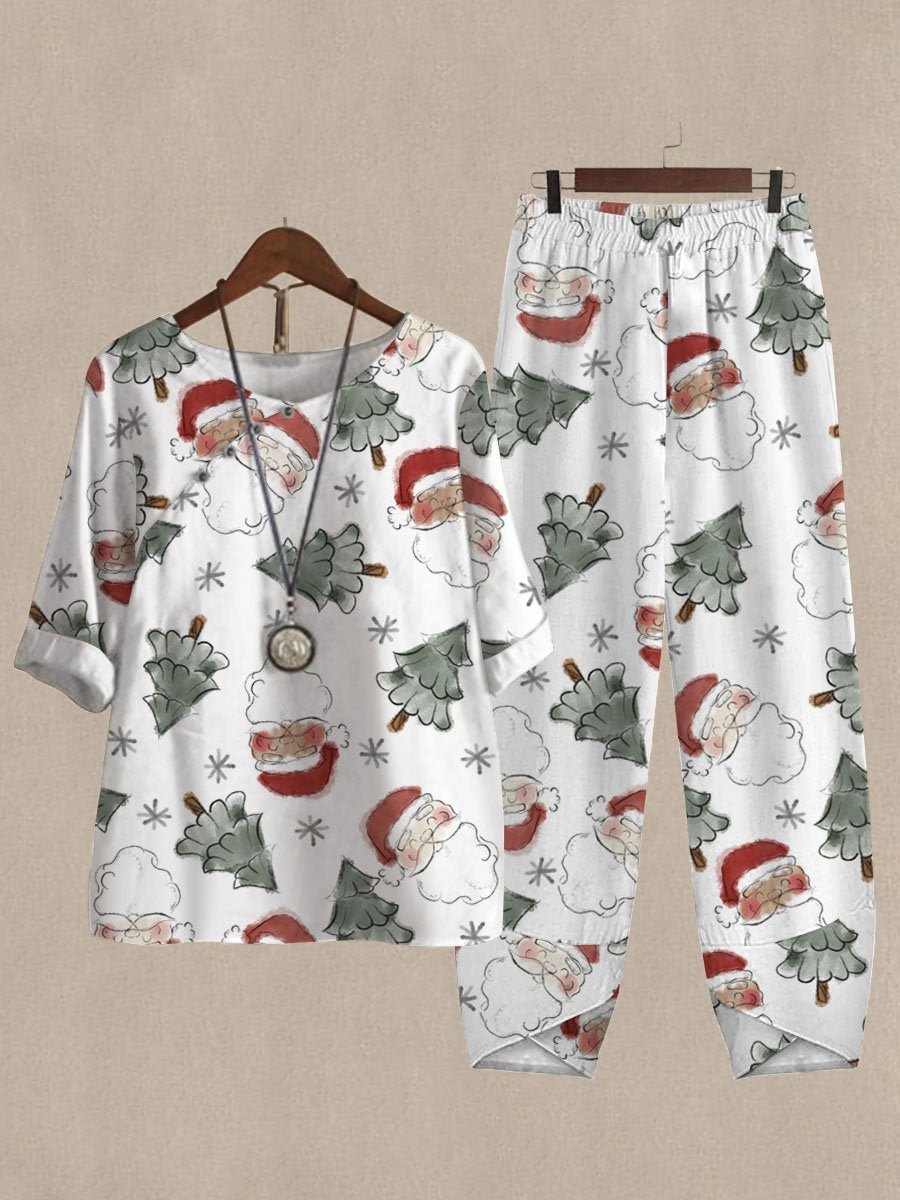 Cute Cartoon Santa Claus Print Casual Two Piece Suits