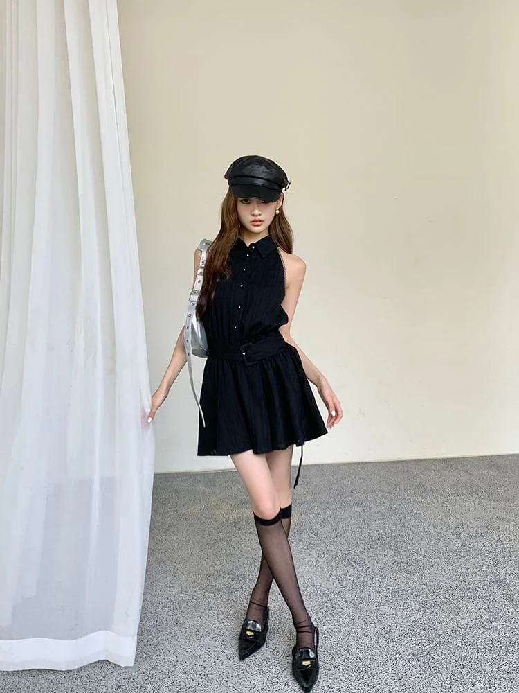 Mini Belted Collared A-Line Dress Sleeveless Striped