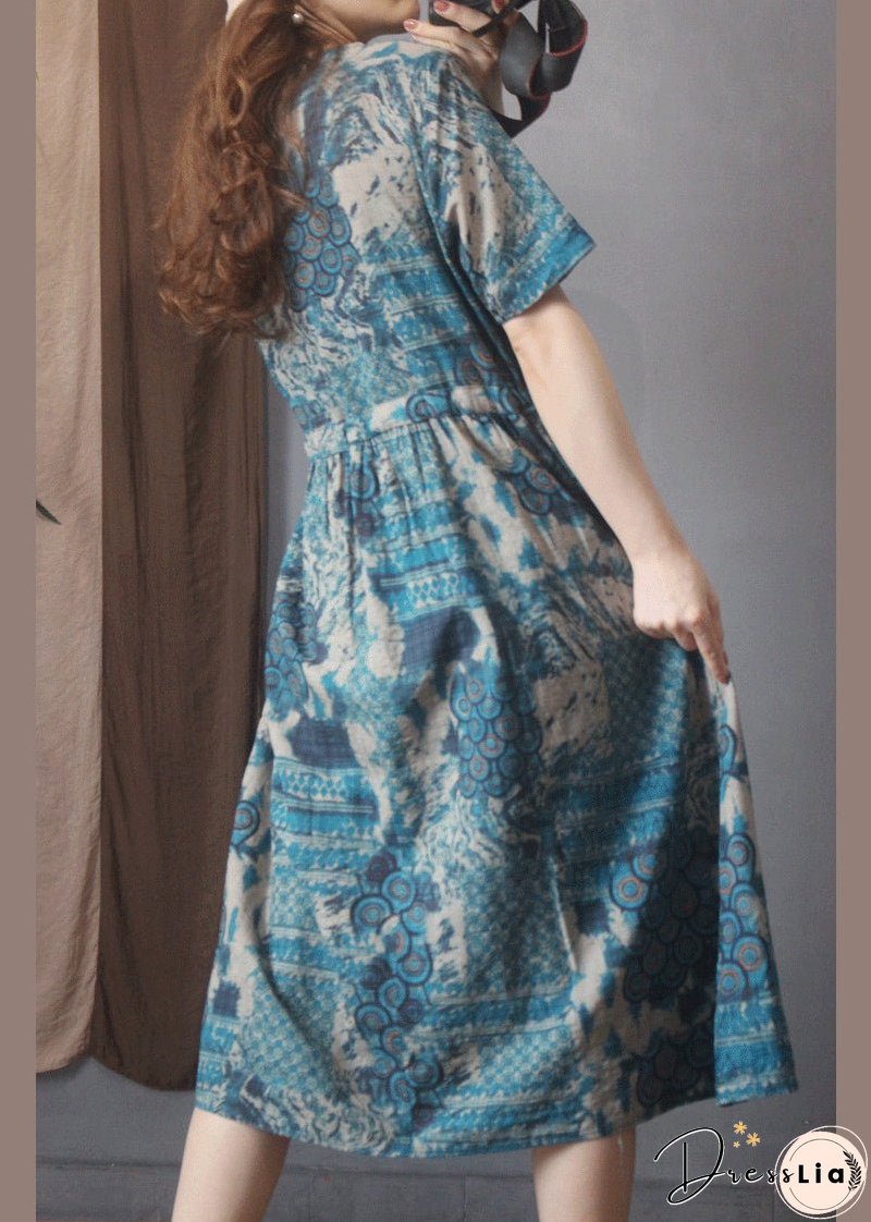 Style Blue O-Neck tie waist Print Linen Dress Short Sleeve