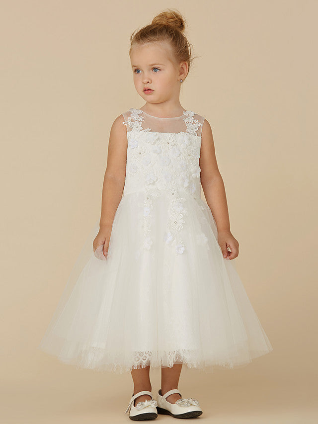 Oknass Sleeveless Illusion Neck  Flower Girl Dress Lace Tulle With Beading Appliques