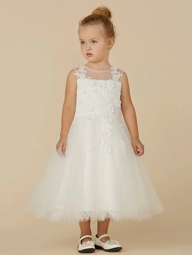 Daisda Sleeveless Illusion Neck  Flower Girl Dress Lace Tulle With Beading Appliques