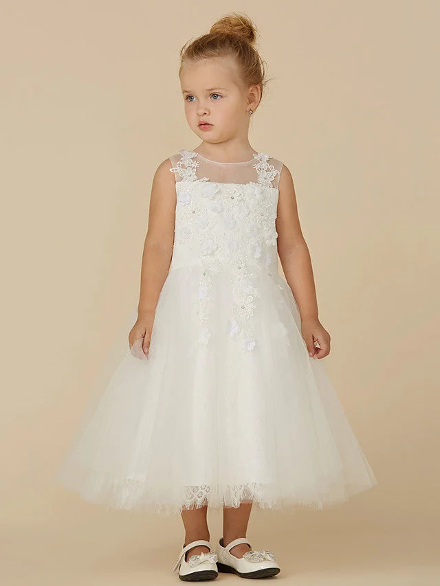 Hellodresses Sleeveless Illusion Neck  Flower Girl Dress Lace Tulle With Beading Appliques