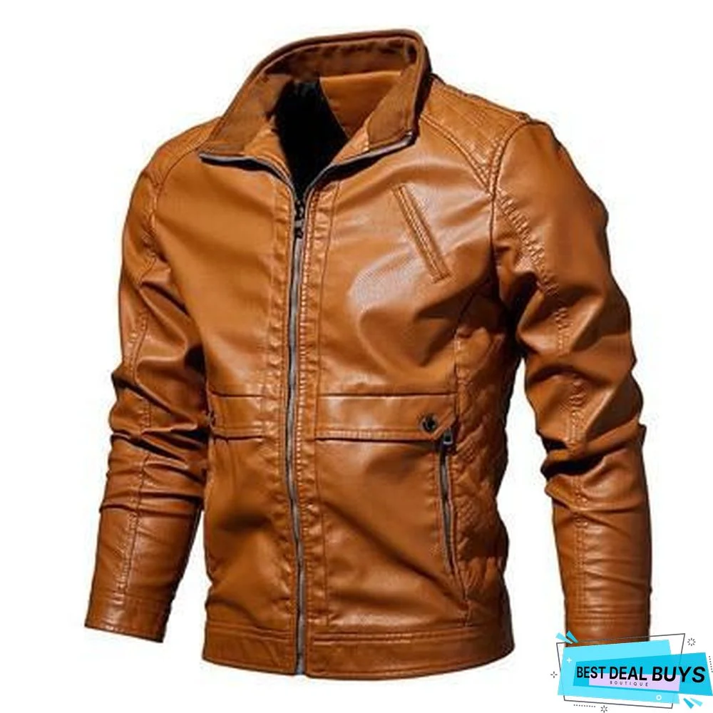 Mens Leather Jacket Fashion Vintage Leather Plus Size Stand Collar Coat