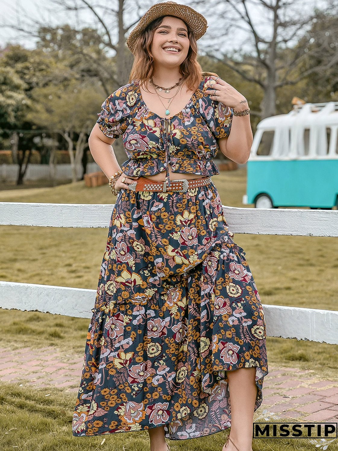 Plus Size Tie Neck Short Sleeve Top and Skirt Set