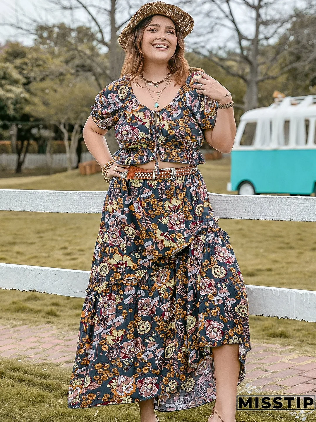 Plus Size Tie Neck Short Sleeve Top and Skirt Set