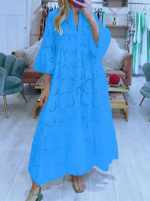 Elegant Solid Color Sexy V-Neck Trumpet Sleeve Hollow Casual Loose Maxi Dress