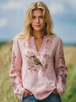 Women's Retro Pink Floral And Birds Pattern Linen V-neck Shirt