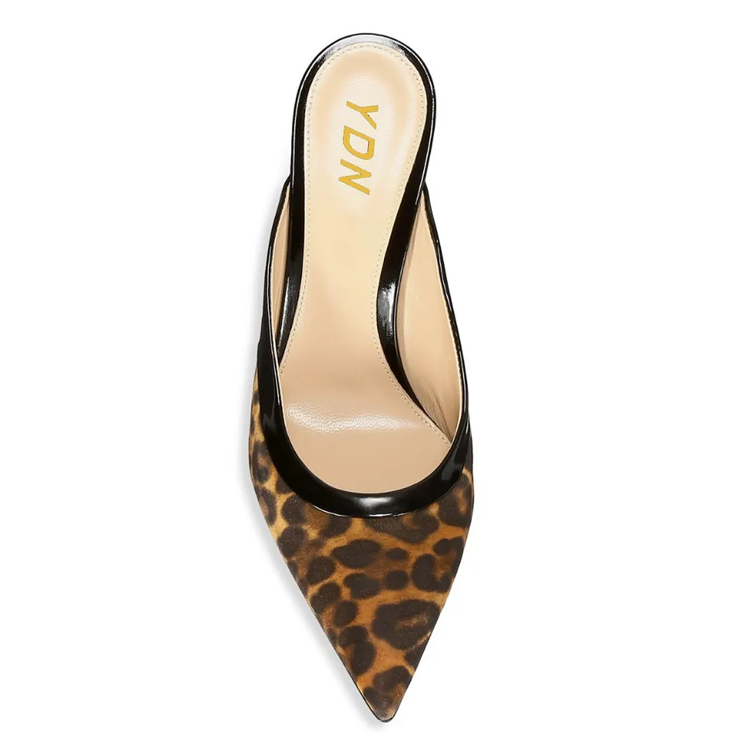 YDN Leopard Print Patchwork Pointed Toe Stiletto Heeled Mules