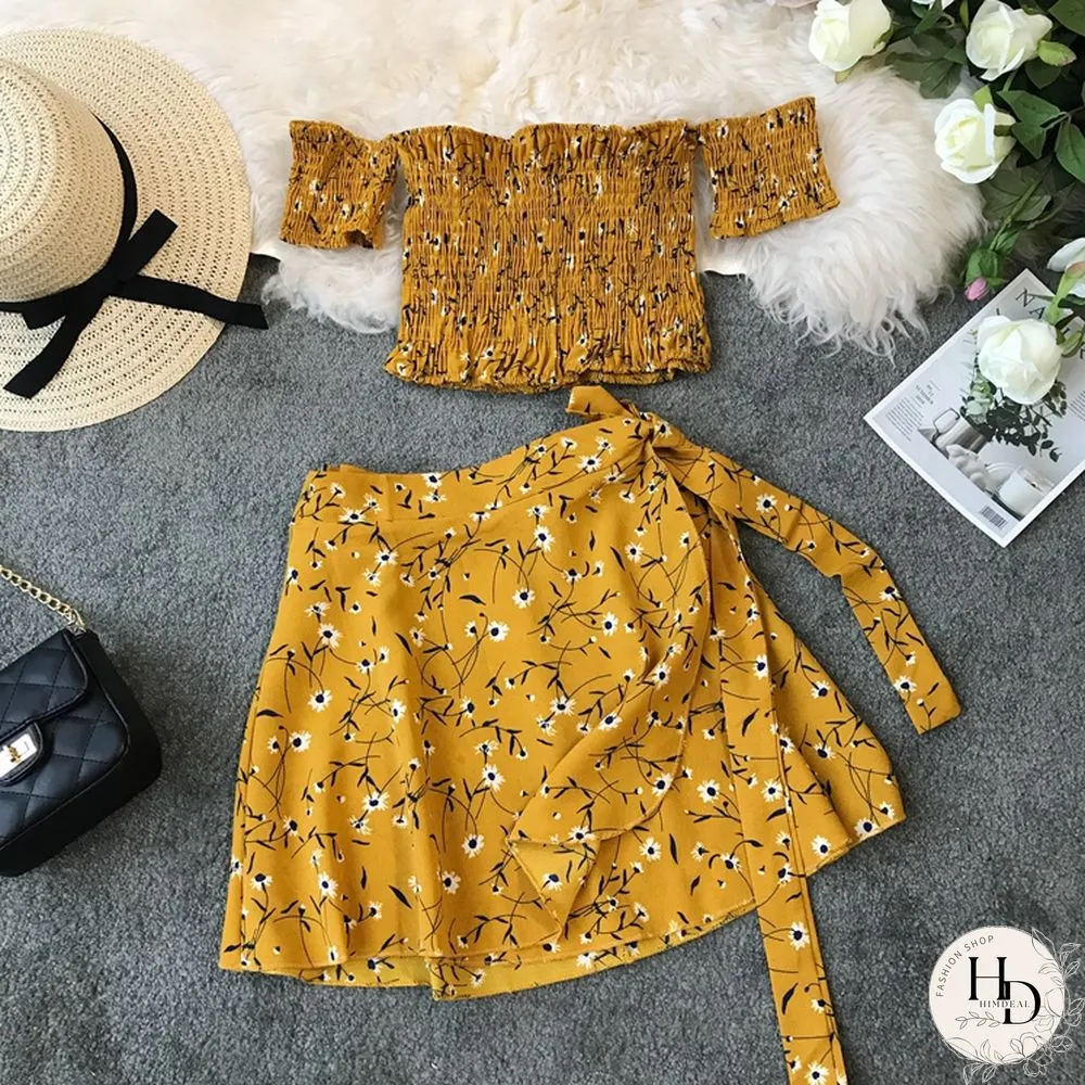 Two Piece Set Womens Sexy Summer Crop Top And Mini Skirt Off Shoulder Elastic Print Floral