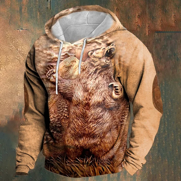 Men's Retro Casual Bear Print Hoodie