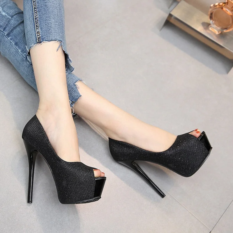 Vstacam  2022 HOT Women Pumps Sequined Cloth Peep Toe Slip On 14CM Thin Heels Waterproof Platform Office High Heel Shoes Woman