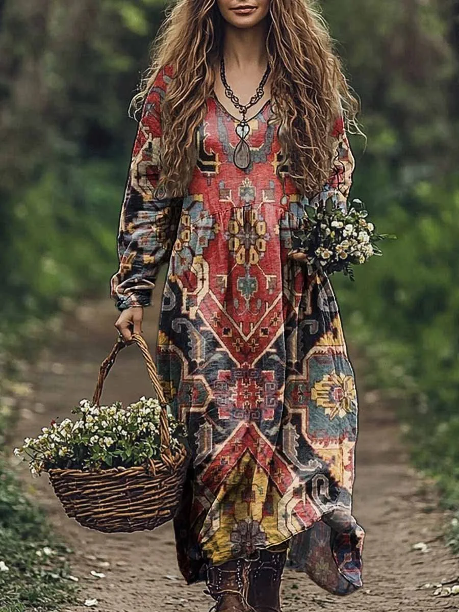Women's Ethnic Floral Art Print V Neck Pocket Cotton Dress