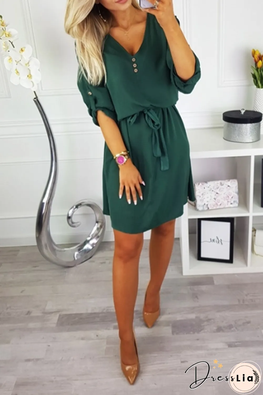 Fashion Casual Solid Buttons Strap Design V Neck Dresses