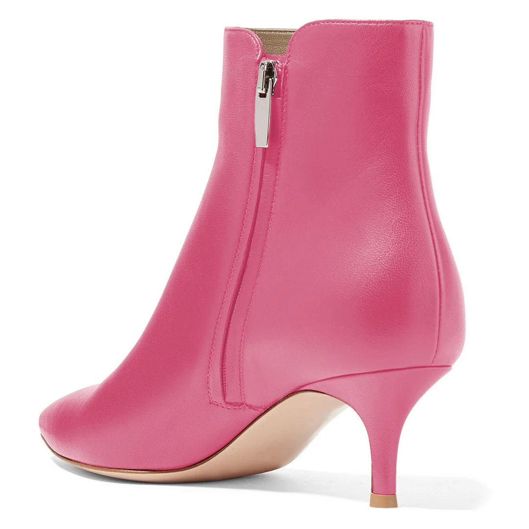 Cute Pink Pointed Toe Side Zipper Ankle Boots with Kitten Heels