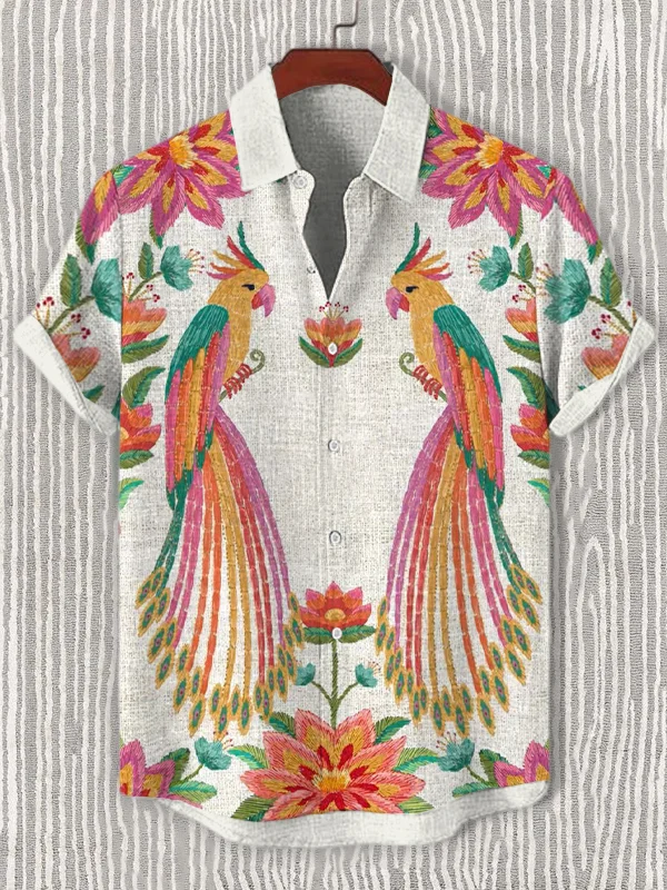 Men's Bird Flower Pattern Art Print Casual Shirt