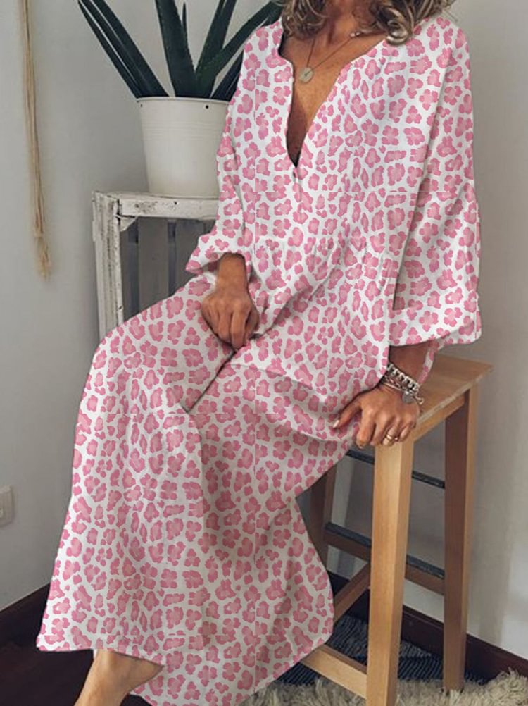 Women‘s  Pink V- Neck Long Sleeve Casual Dress-Mayoulove