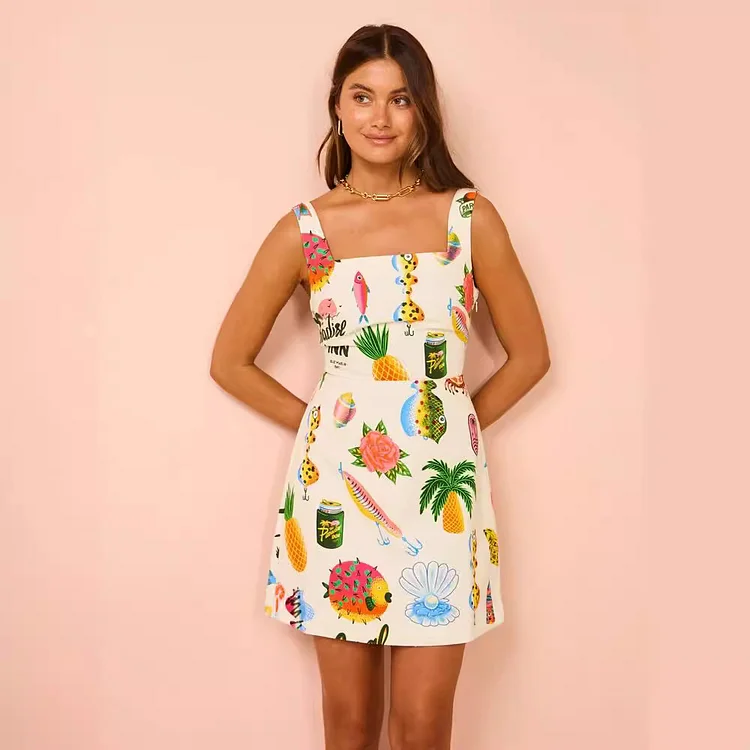 Vacation Sling Sleveeless Fruit Printed Mini Dress