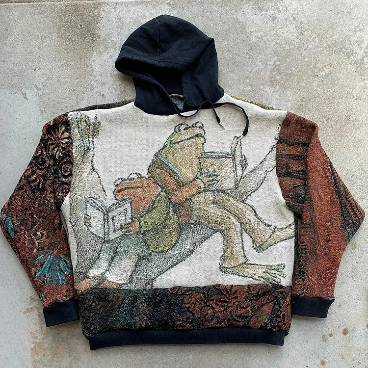 Retro Casual Frog & Toad Graphic Print Casual Street Tapestry Knit Hooded Sweater