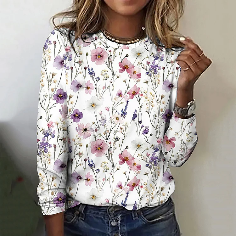 Vintage Floral Art Casaul Crew Neck T-shirt