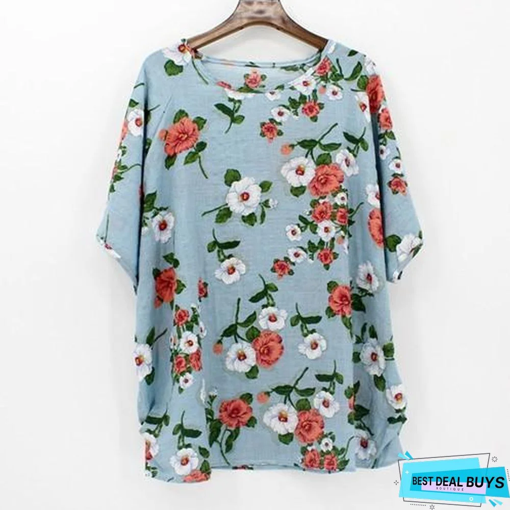 Plus Size Women Batwing Casual Tops Tees Floral Print Cotton Linen Blouses