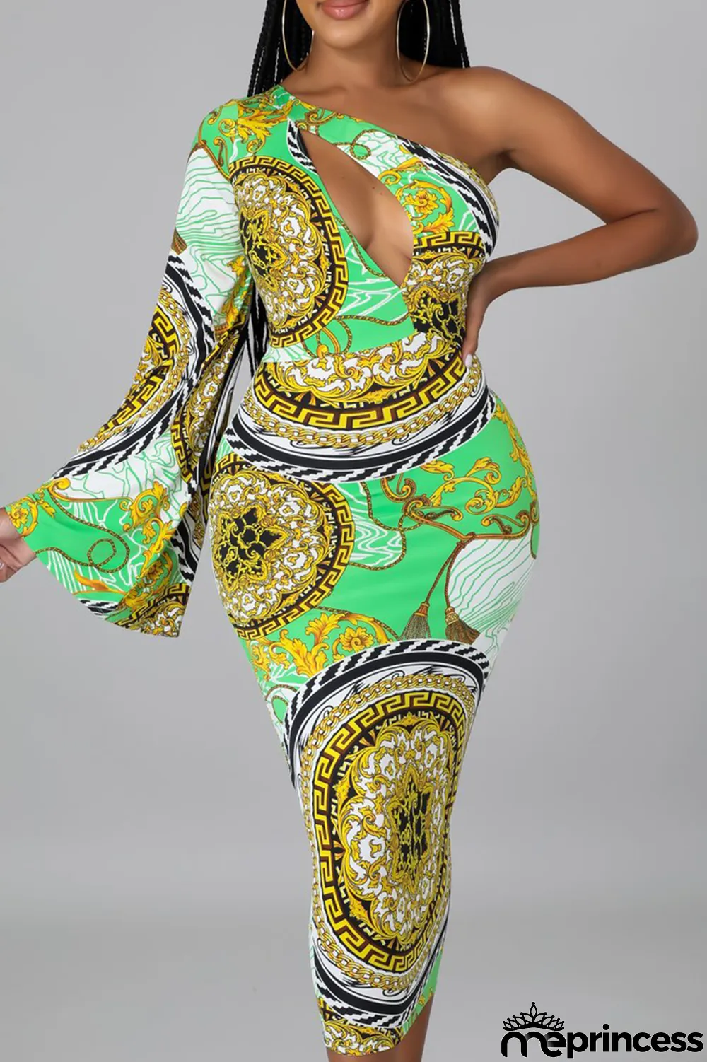 Green Sexy Print Hollowed Out One Shoulder Pencil Skirt Dresses