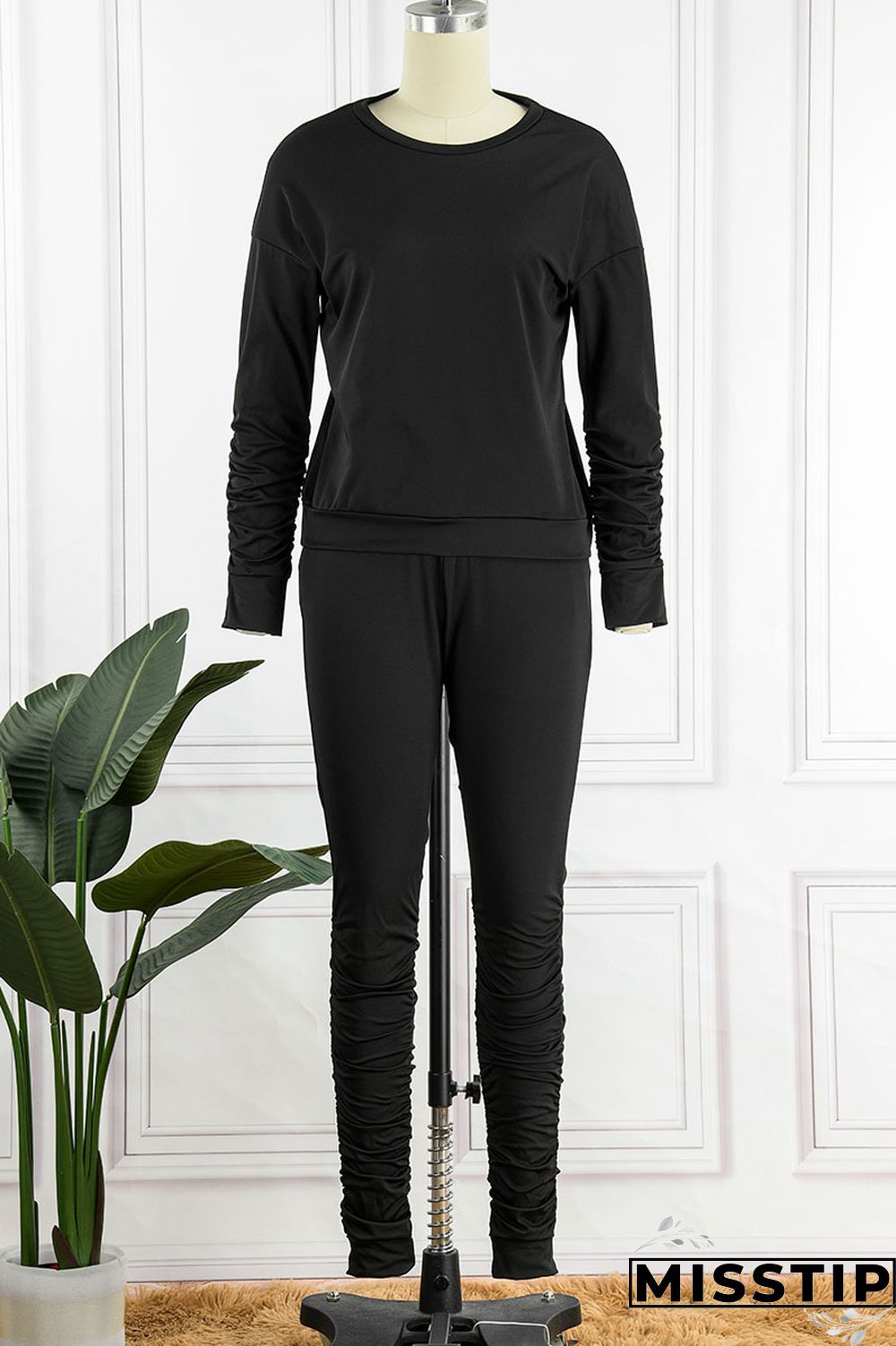 Black Casual Sportswear Solid Patchwork O Neck Long Sleeve Two Pieces