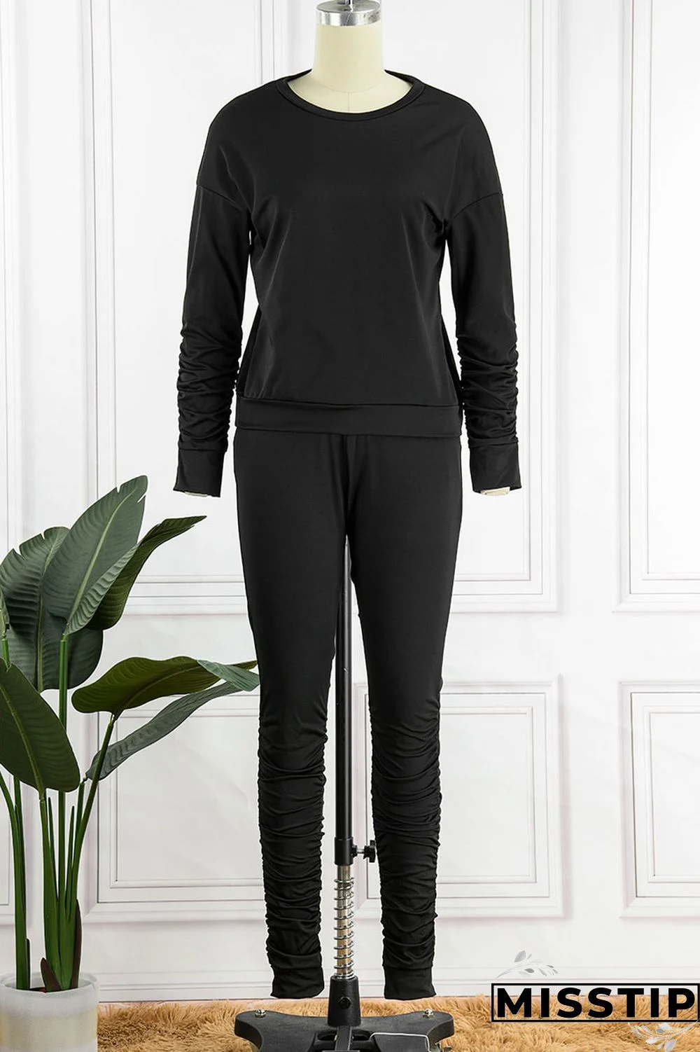 Black Casual Sportswear Solid Patchwork O Neck Long Sleeve Two Pieces