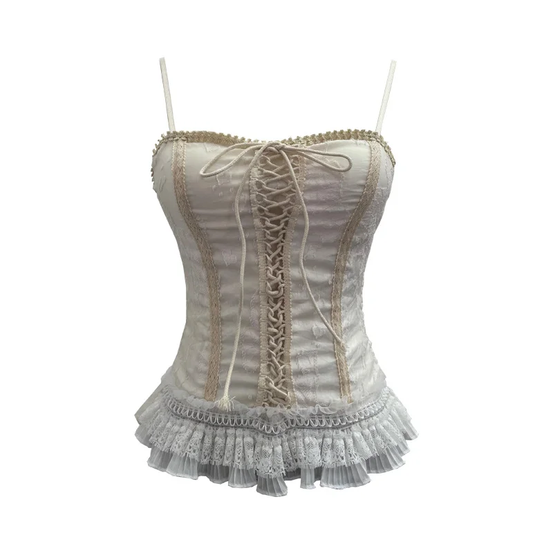 Nigikala Nigikala Self-Breasted Tector-Boo-Tie Baroque Lace Strapped Sling Vest Short Corset 8832