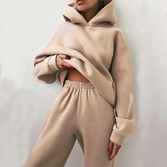 Oversize Hoodie Sweatshirts Women Winter Fleece Tracksuit Sets Solid Long Pant Matching 2 Pieces Sets Ladies Sweatshirt Pantsuit