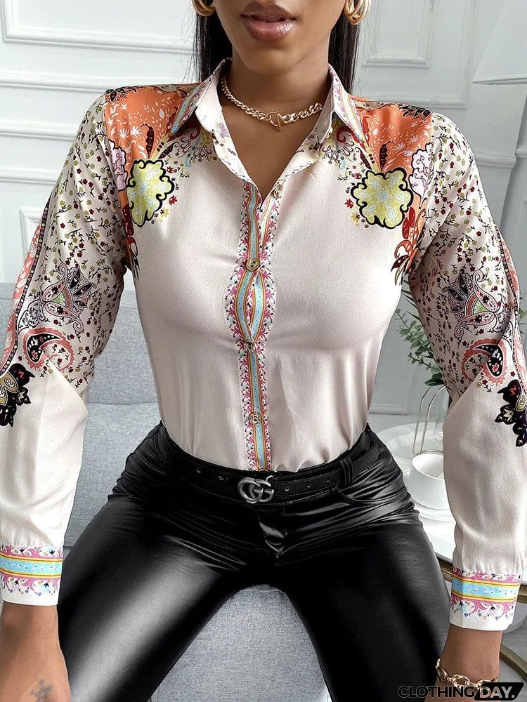 Stylish Long Sleeves Retro Floral Printed Lapel Collar Blouses&Shirts Tops