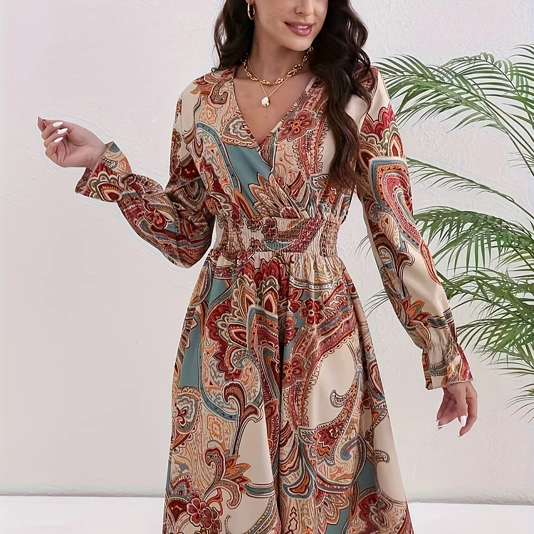 Paisley Print Shirred Waist Dress, Boho V Neck Long Sleeve Dress, Women's Clothing