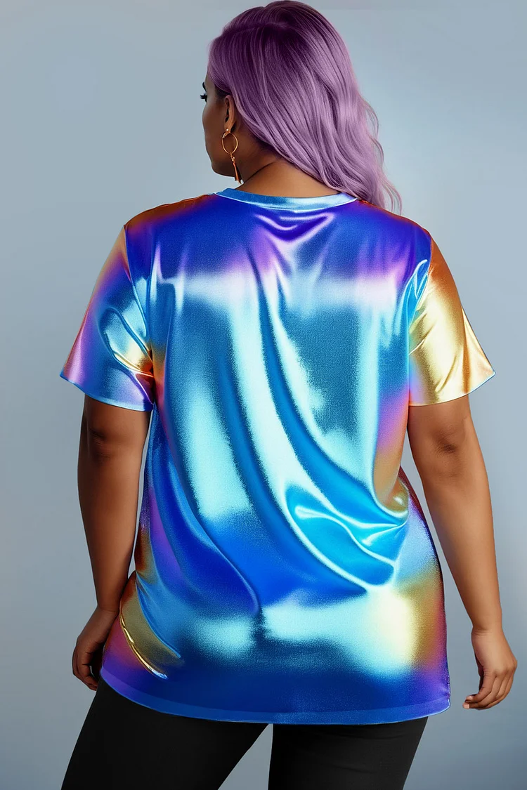 Xpluswear Design Plus Size Party Rainbow Casual All Over Print Round Neck Short Sleeve Metallic T-Shirts