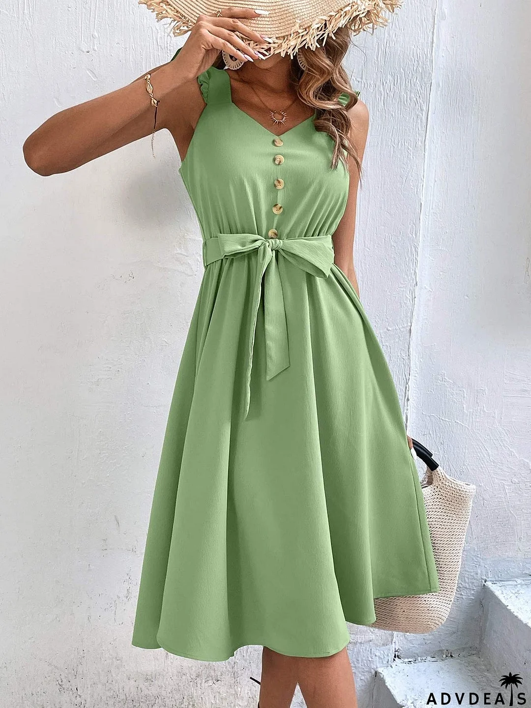 Decorative Button Tie Waist A-Line Dress