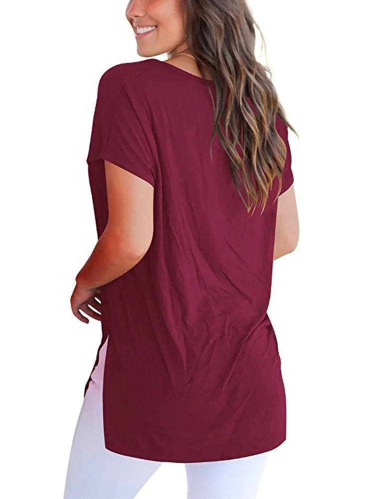 2022 Summer New Plus Size Short Sleeve T Shirt Women Casual V Neck Hem Split Vintage Tops Female Loose Tee T-shirt