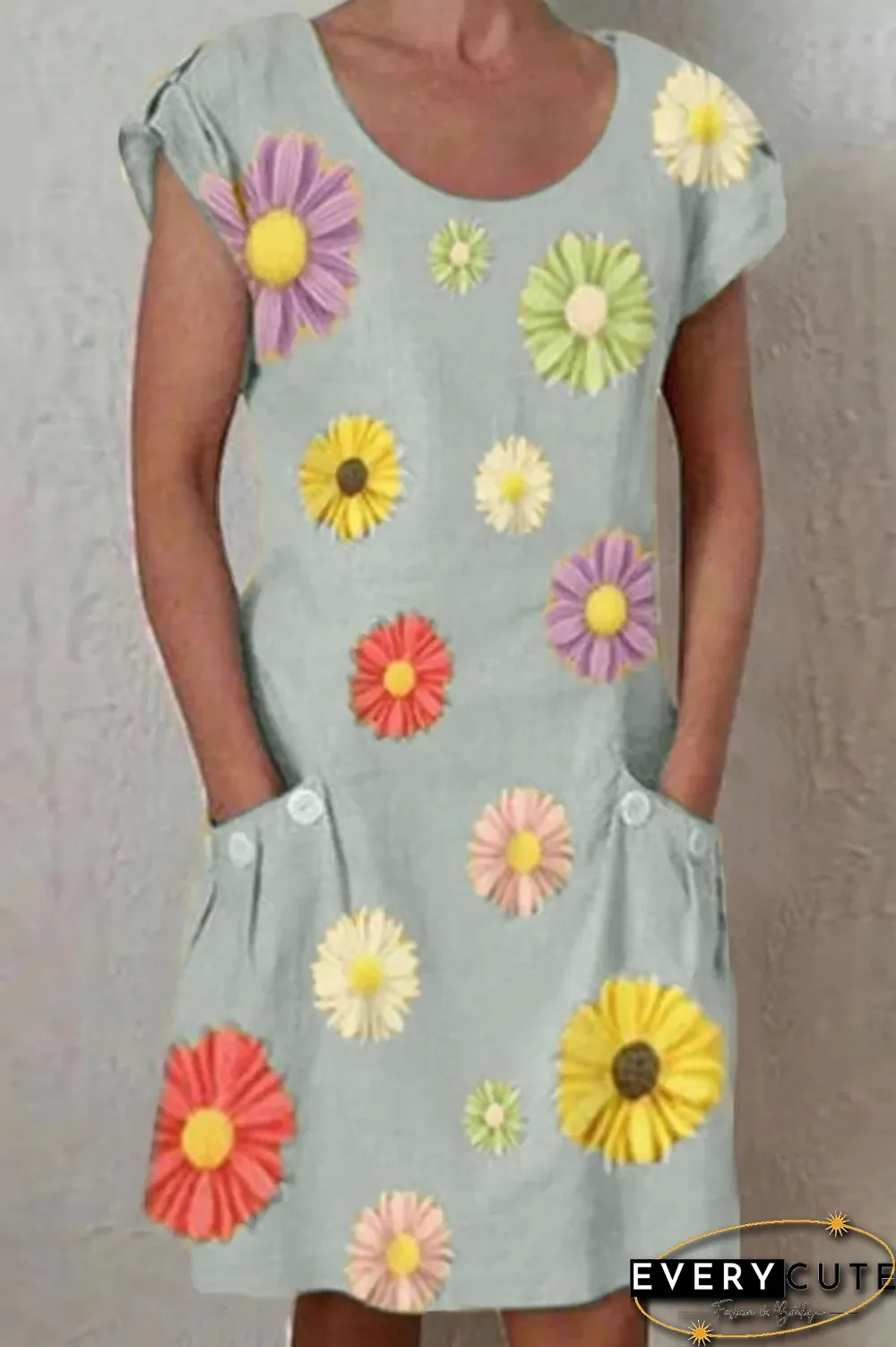 Daisy Print Paneled Short Sleeves Pockets Casual Midi Dress