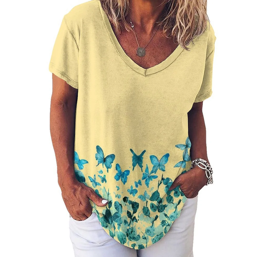 V-neck Short Sleeve Casual T-shirt for  Women Printed with Pattern Blue, Yellow, Floral