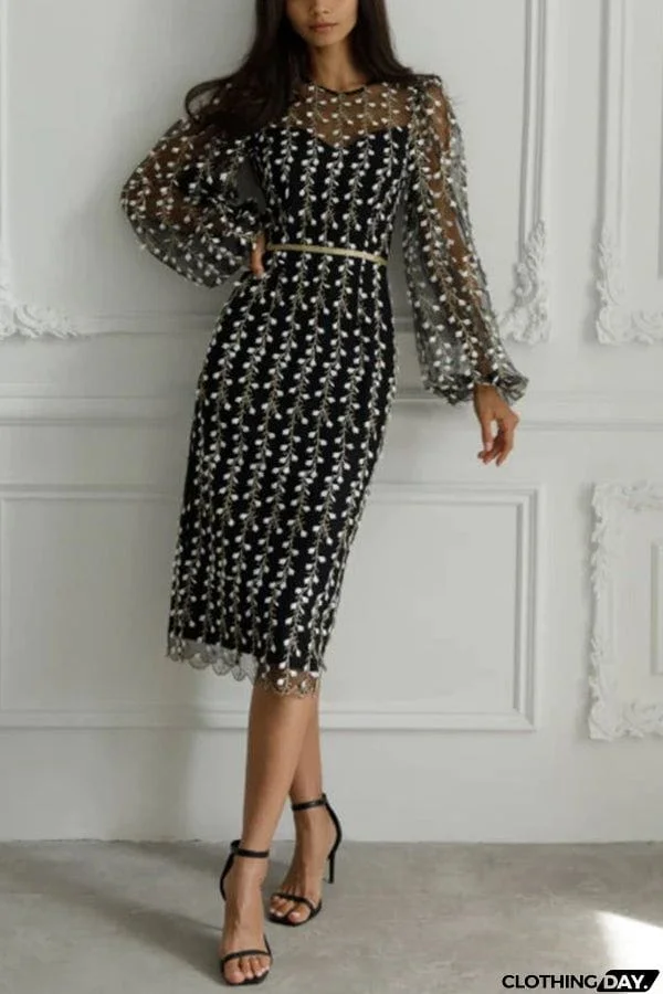 Floral Passions Embroidered Sheer balloon sleeve Fitted Midi Dress