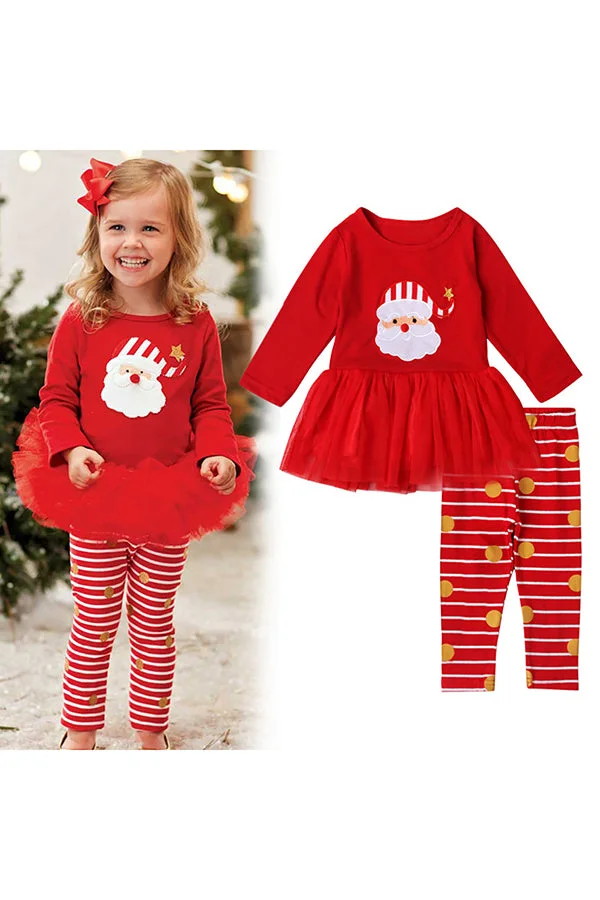 Long Sleeve Santa Print Dress Stripe Pants Kids Christmas Costume Red-elleschic