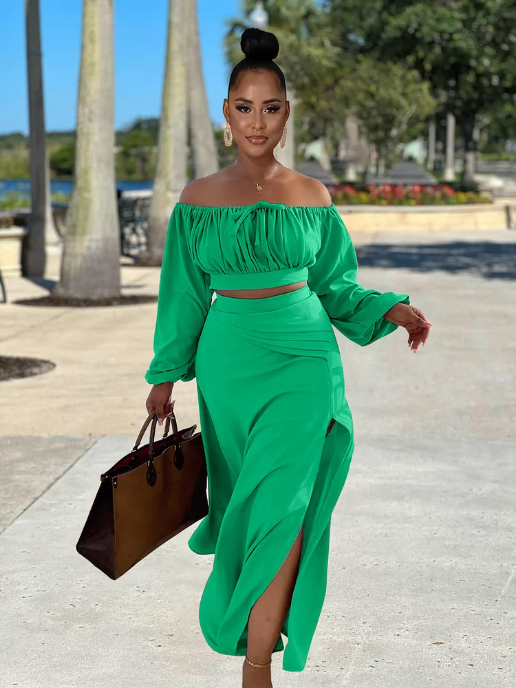 Off Shoulder Long Sleeve Ruched Crop Top High Slit Maxi Skirt Matching Set